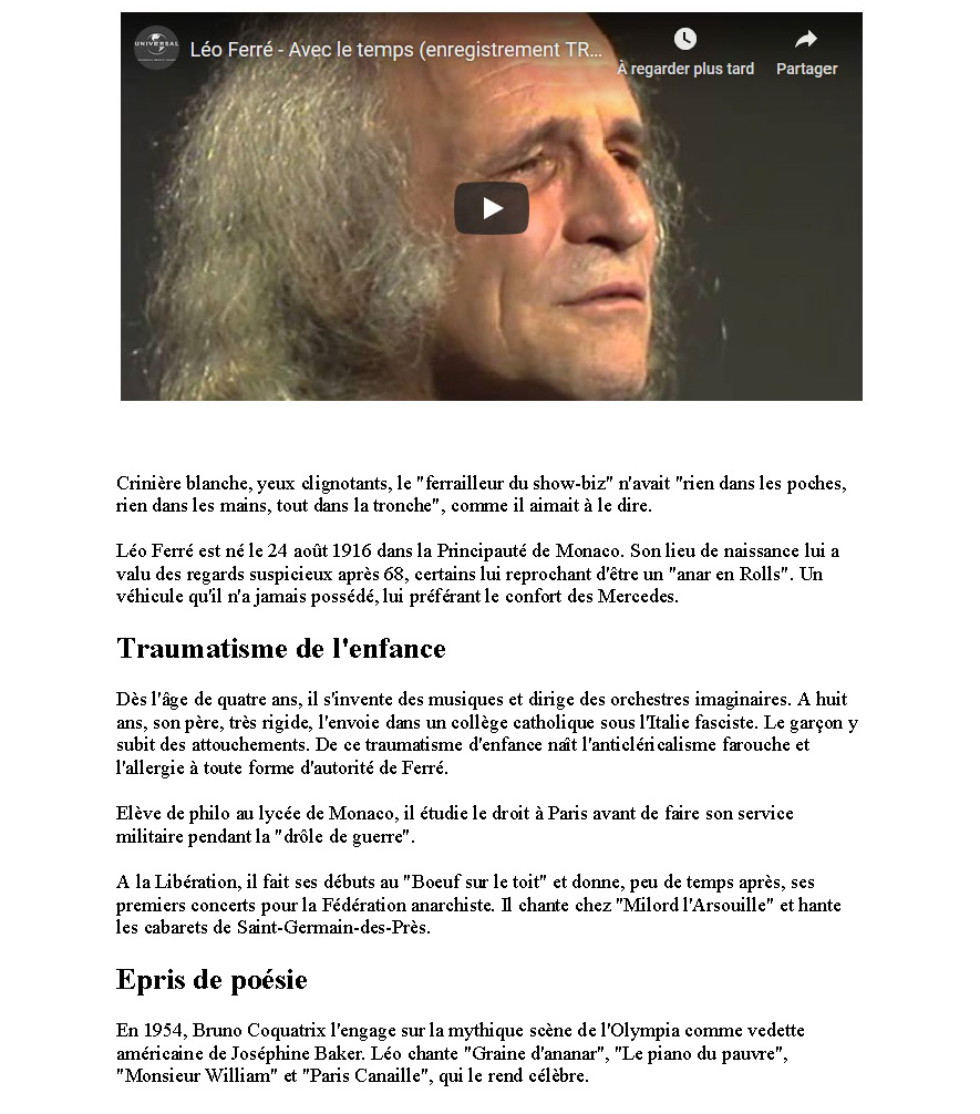 22/08/2016 Le nouvelliste il y a 100 ans naissait Léo Ferré