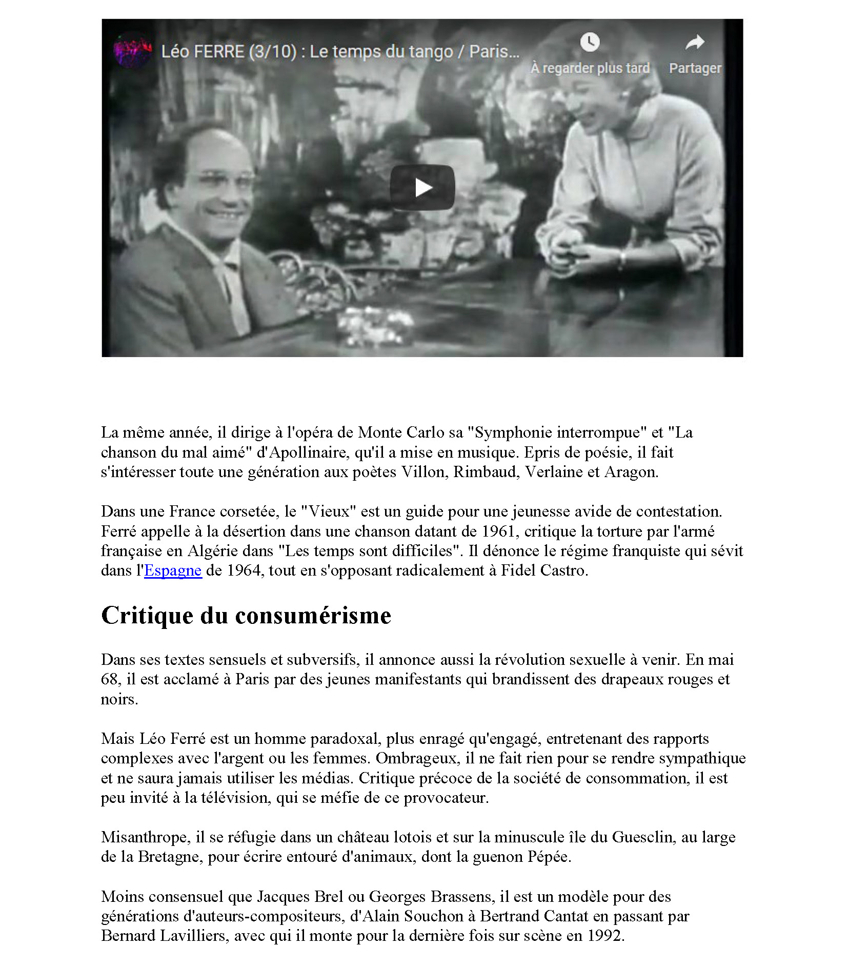 22/08/2016 Le nouvelliste il y a 100 ans naissait Léo Ferré