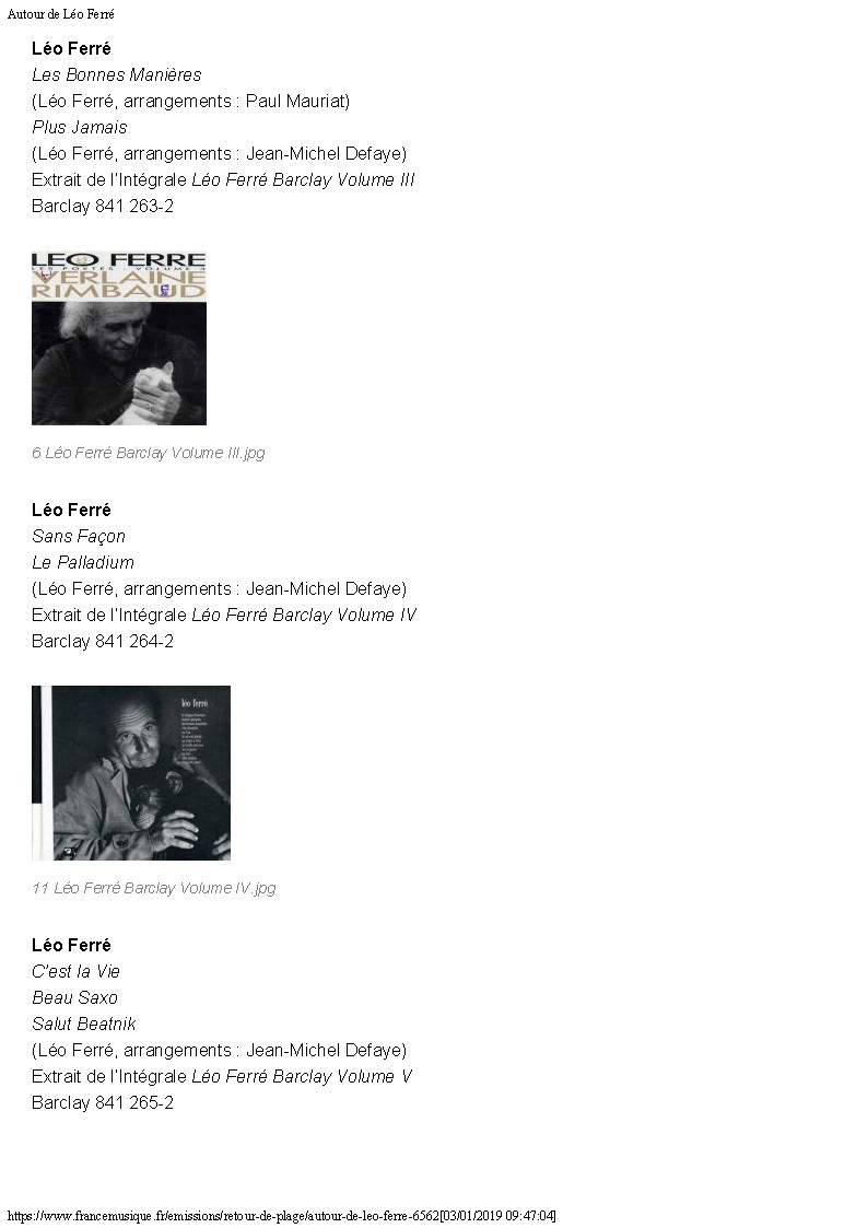 24/08/2016 France-Musique Centenaire de Léo Ferré - Autour de Léo Ferré