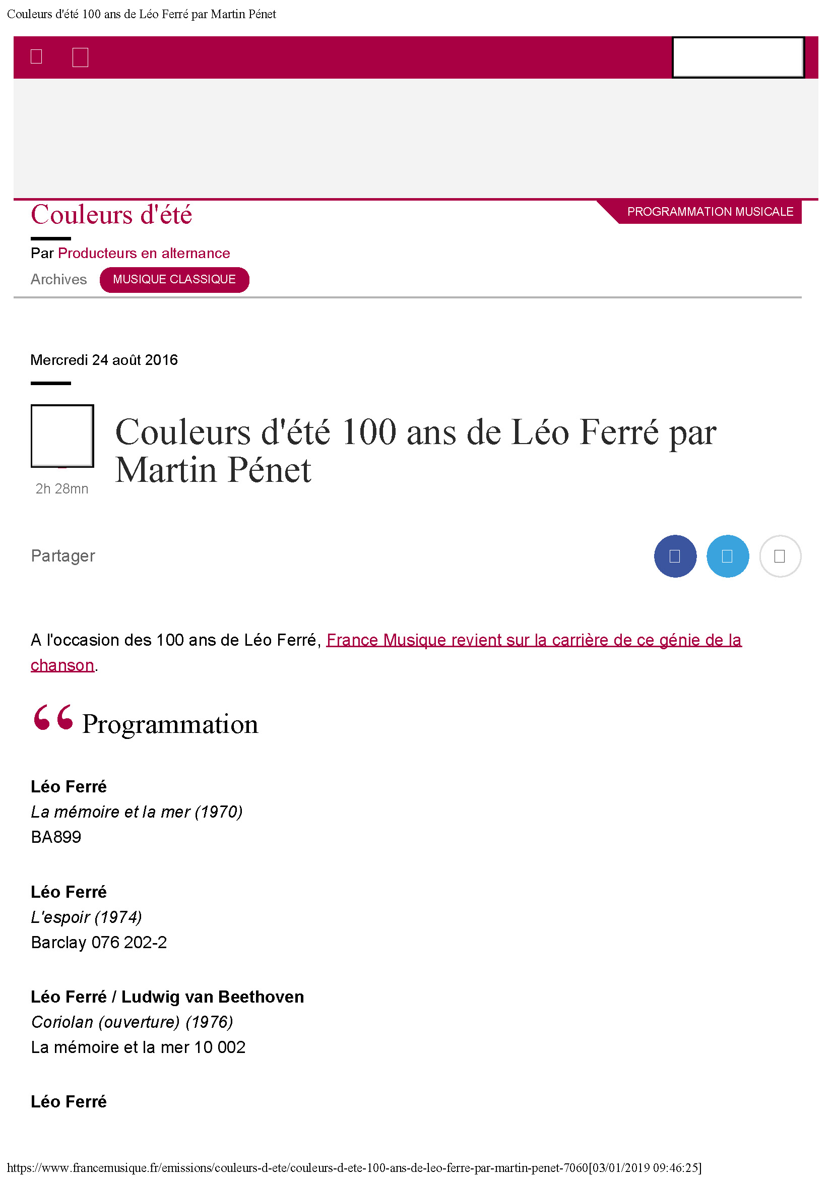 24/08/2016 Couleurs d'été 100 ans de Léo Ferré par Martin Pénet