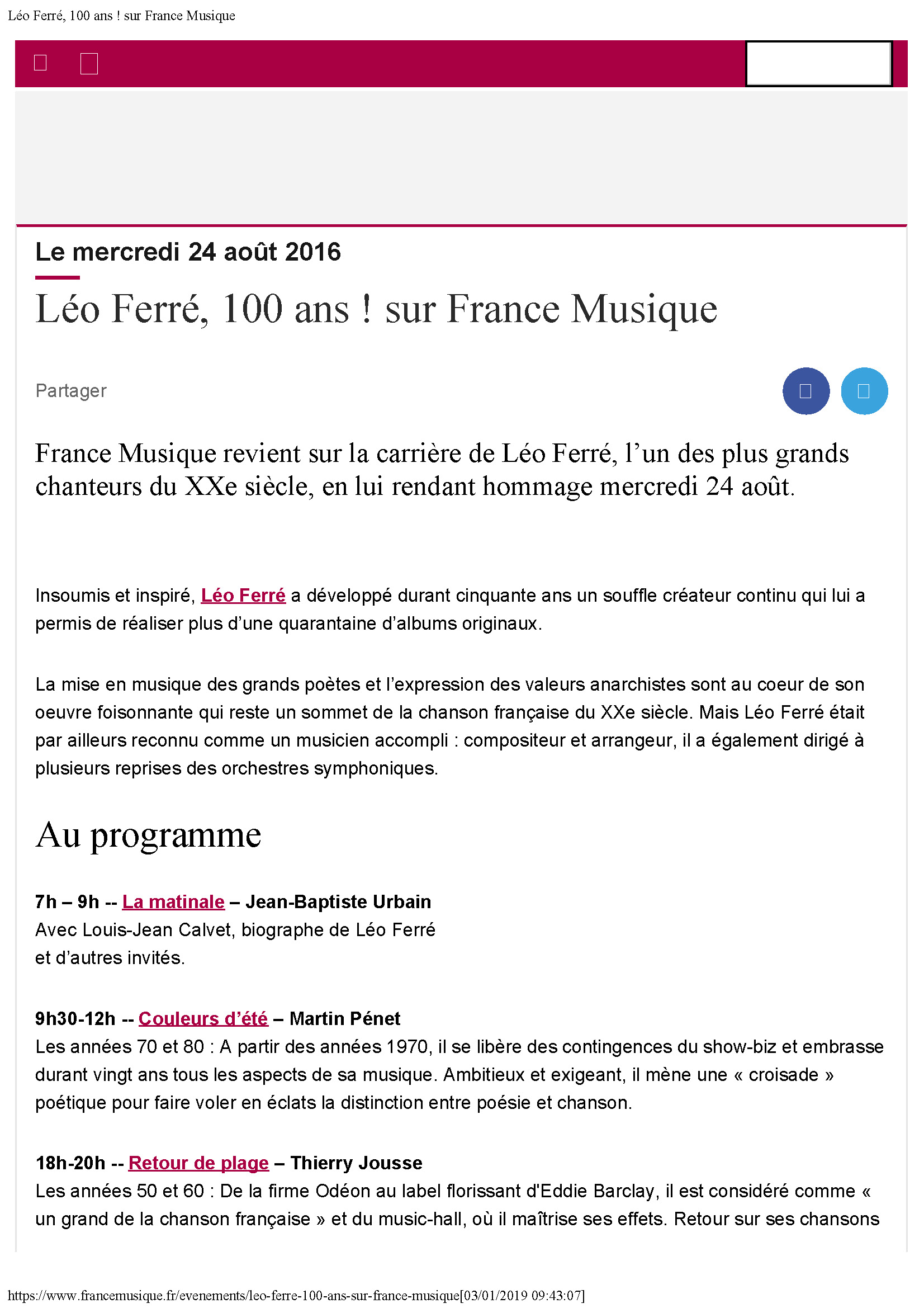 24/08/2016 France-Musique Centenaire de Léo Ferré Léo Ferré 100 ans