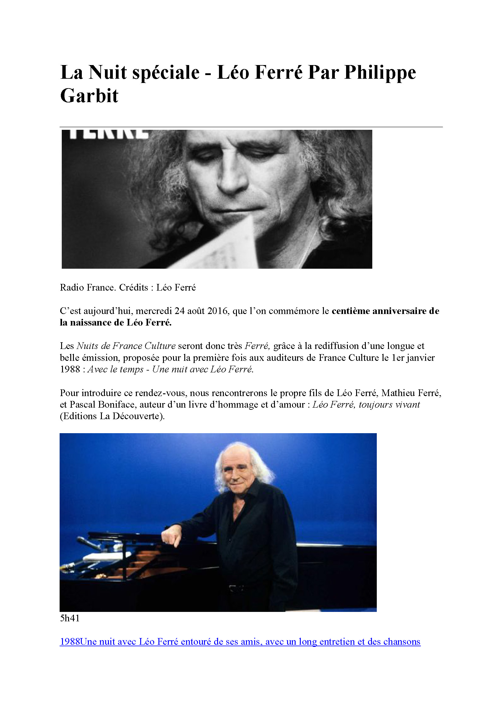 24/08/2016 France-culture Nuit Spéciale Léo Ferré