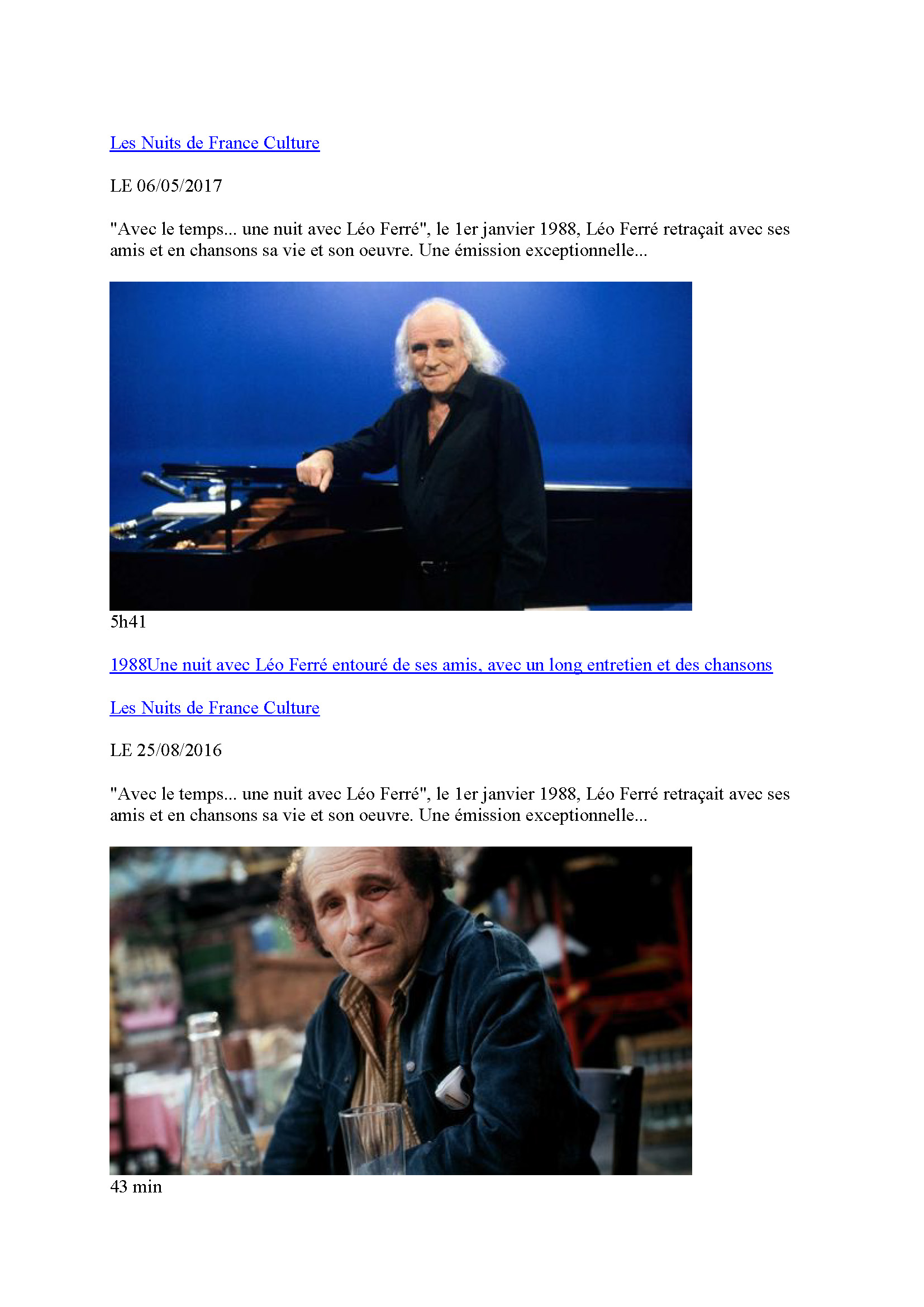 24/08/2016 France-culture Nuit Spéciale Léo Ferré