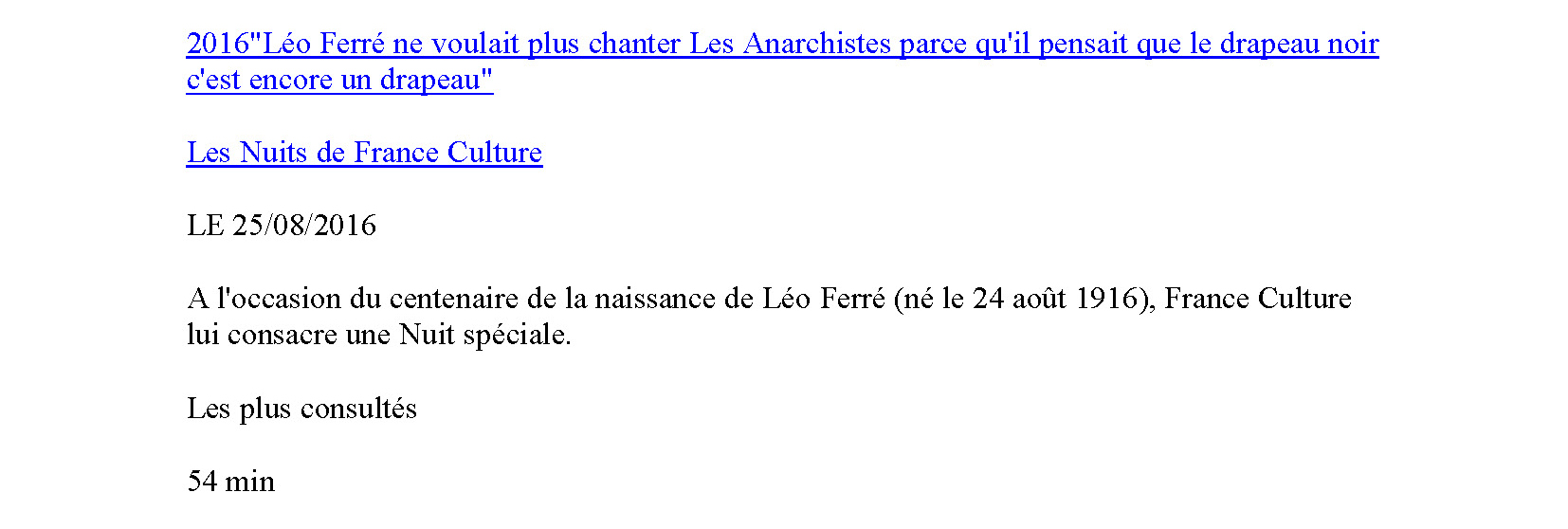 24/08/2016 France-culture Nuit Spéciale Léo Ferré