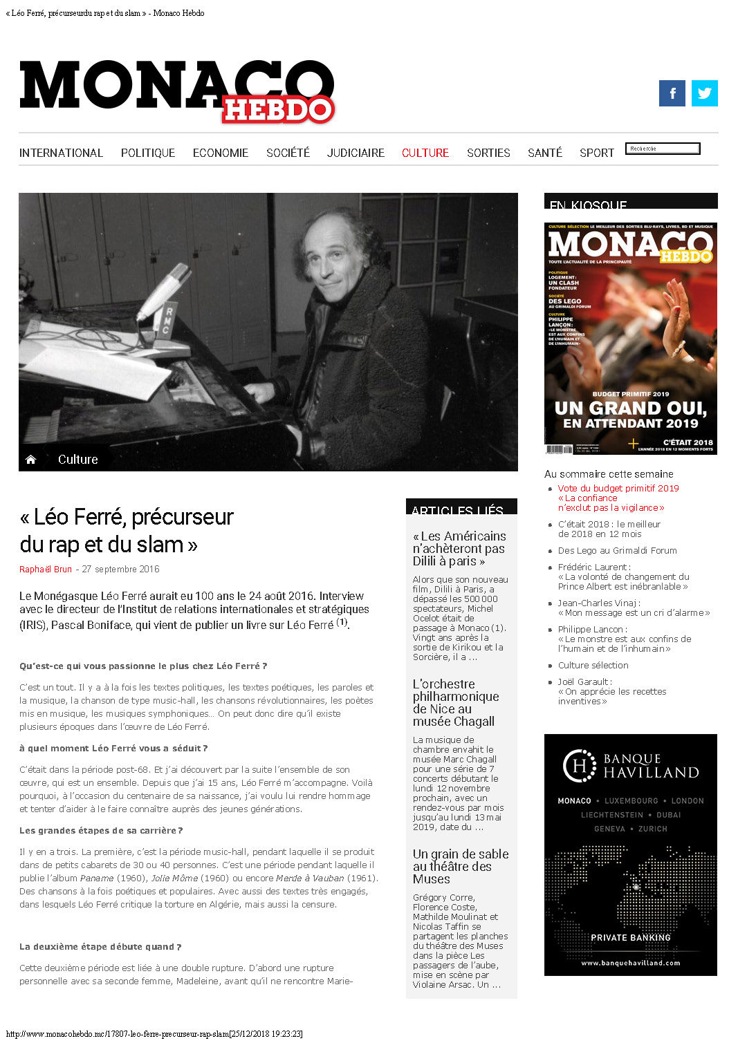 27/09/2016 Monaco-Hebdo Léo Ferré précurseur du rap et du slam