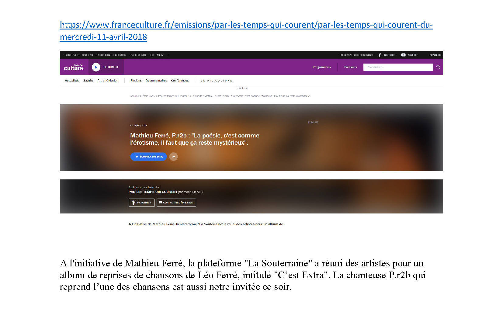 11/04/2018 France Culture Mathieu Ferré et Pr2b