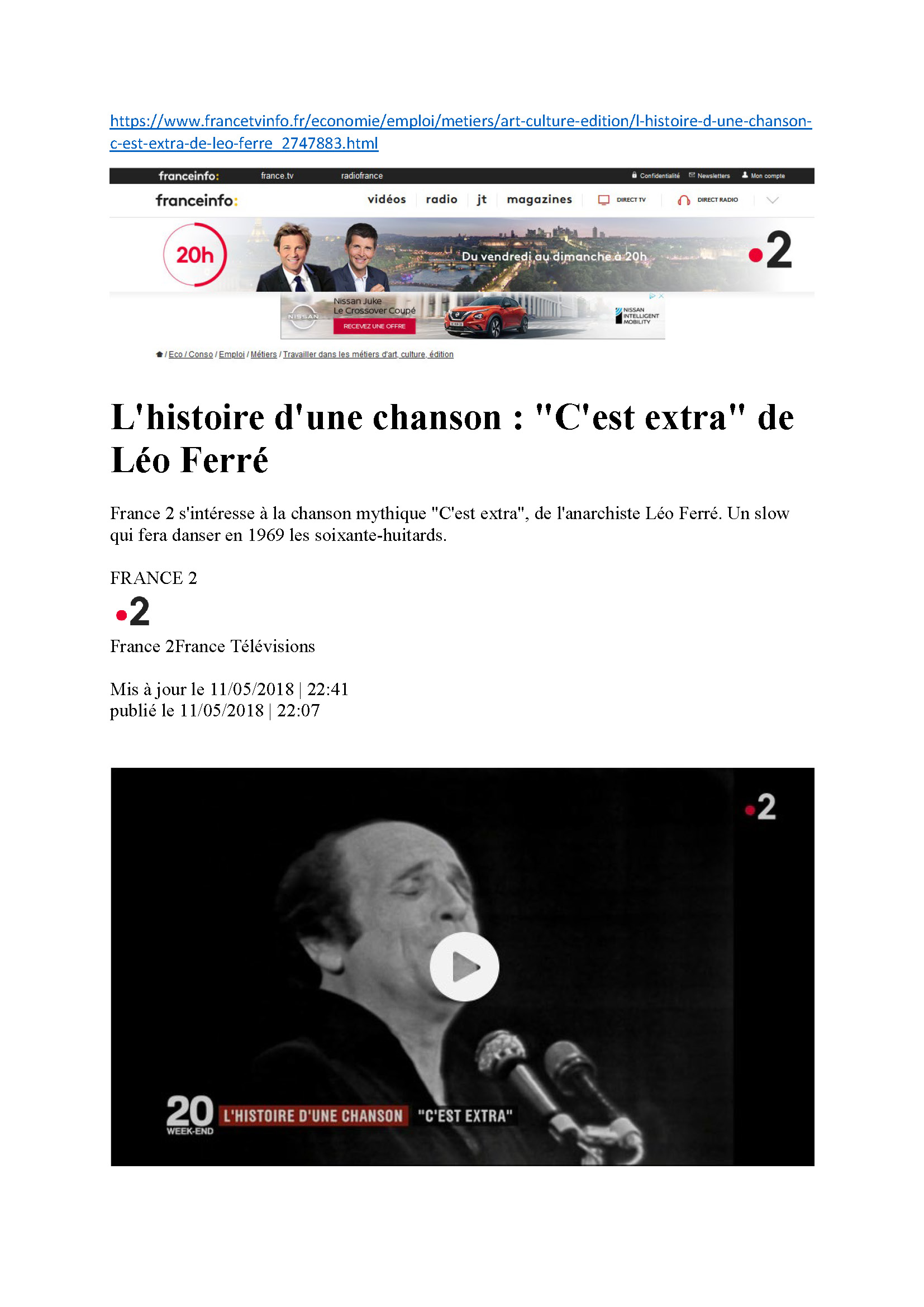 11/05/2018 JT France2 L'histoire d'une chanson C'est extra de Léo Ferré