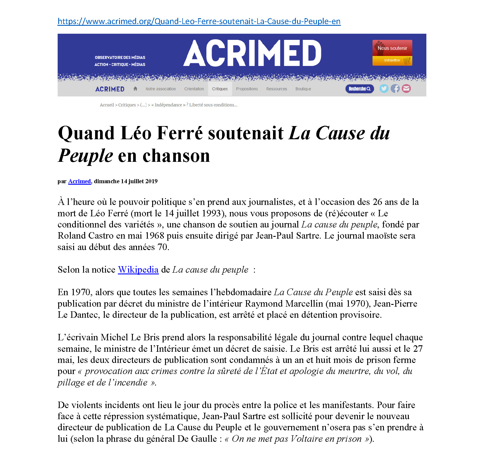  14/07/2019 Acrimed Léo Ferré et La Cause du Peuple