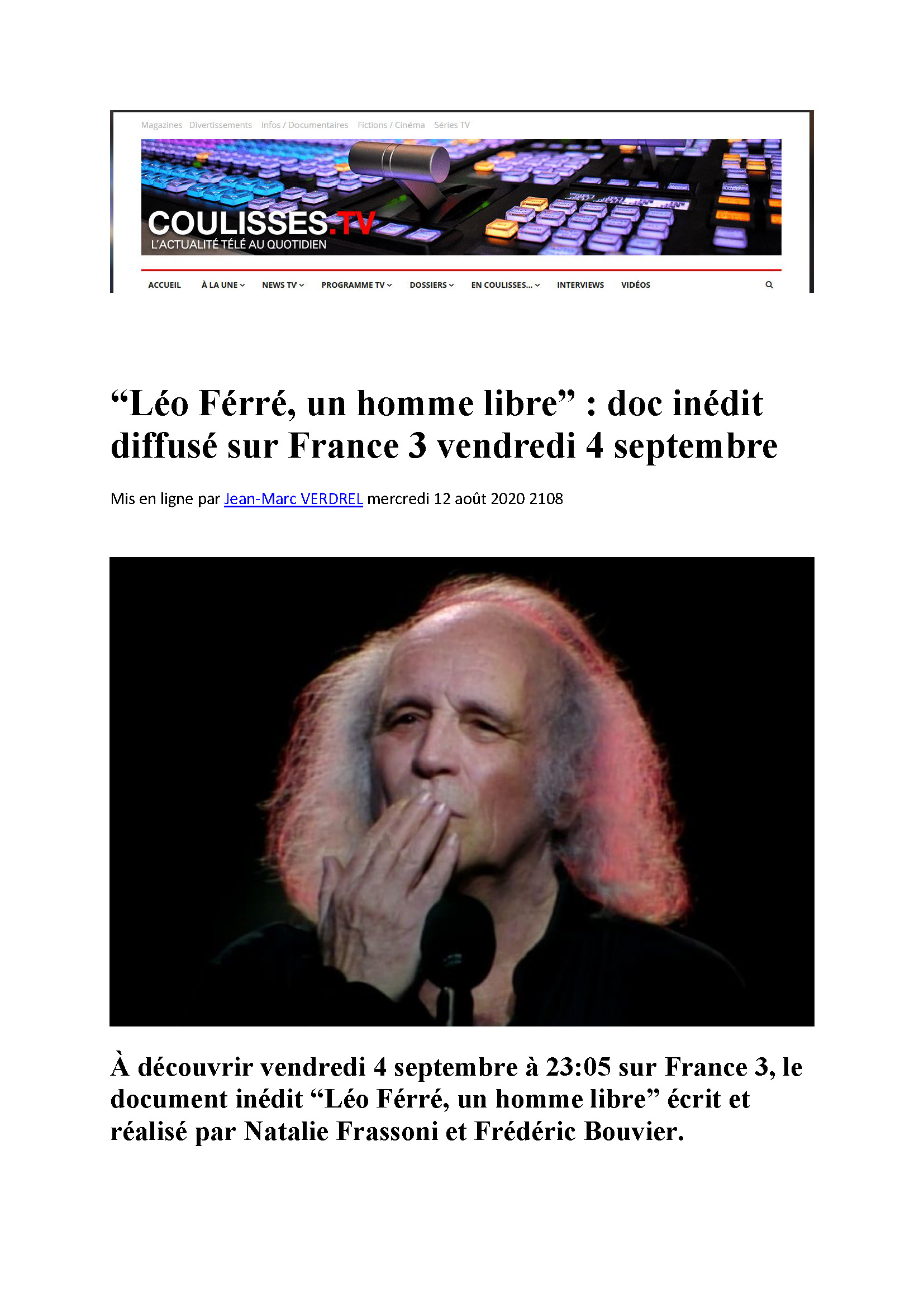12/08/2020 Coulisses TV Léo Ferré un homme libre  