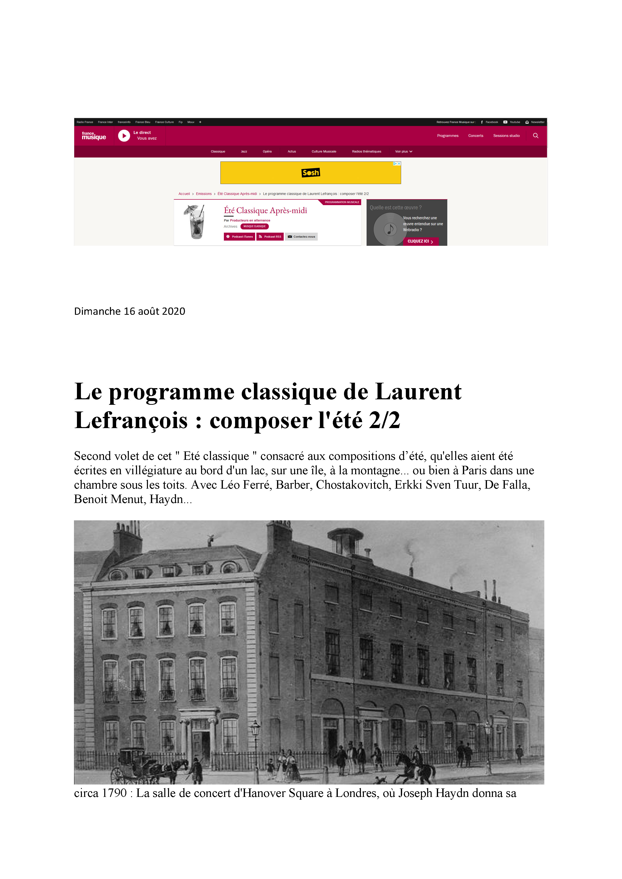 16/08/2020 Le programme classique de Laurent Lefrançois  
