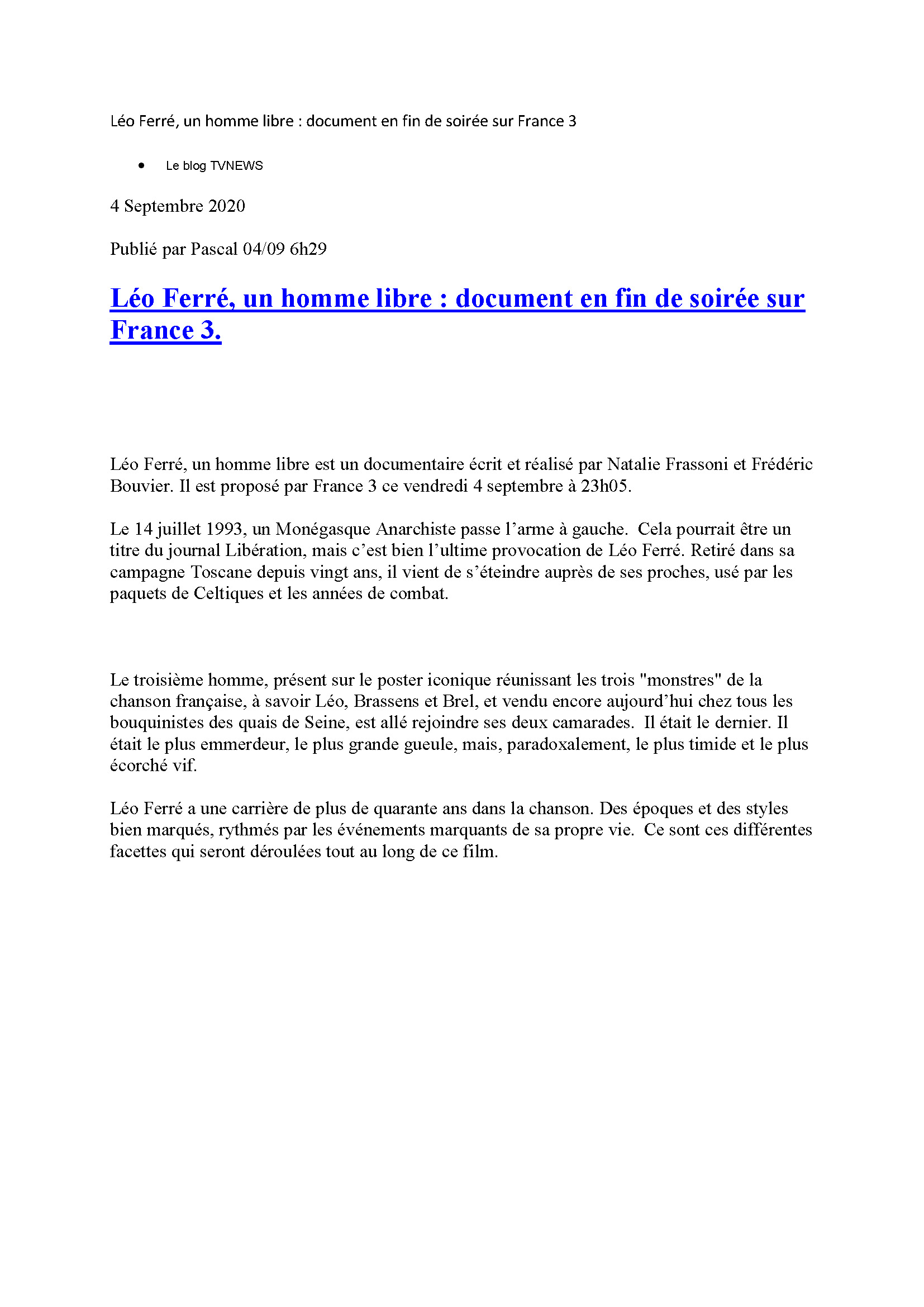 04/09/2020 Le Blog TVNews Léo Ferré, un homme libre