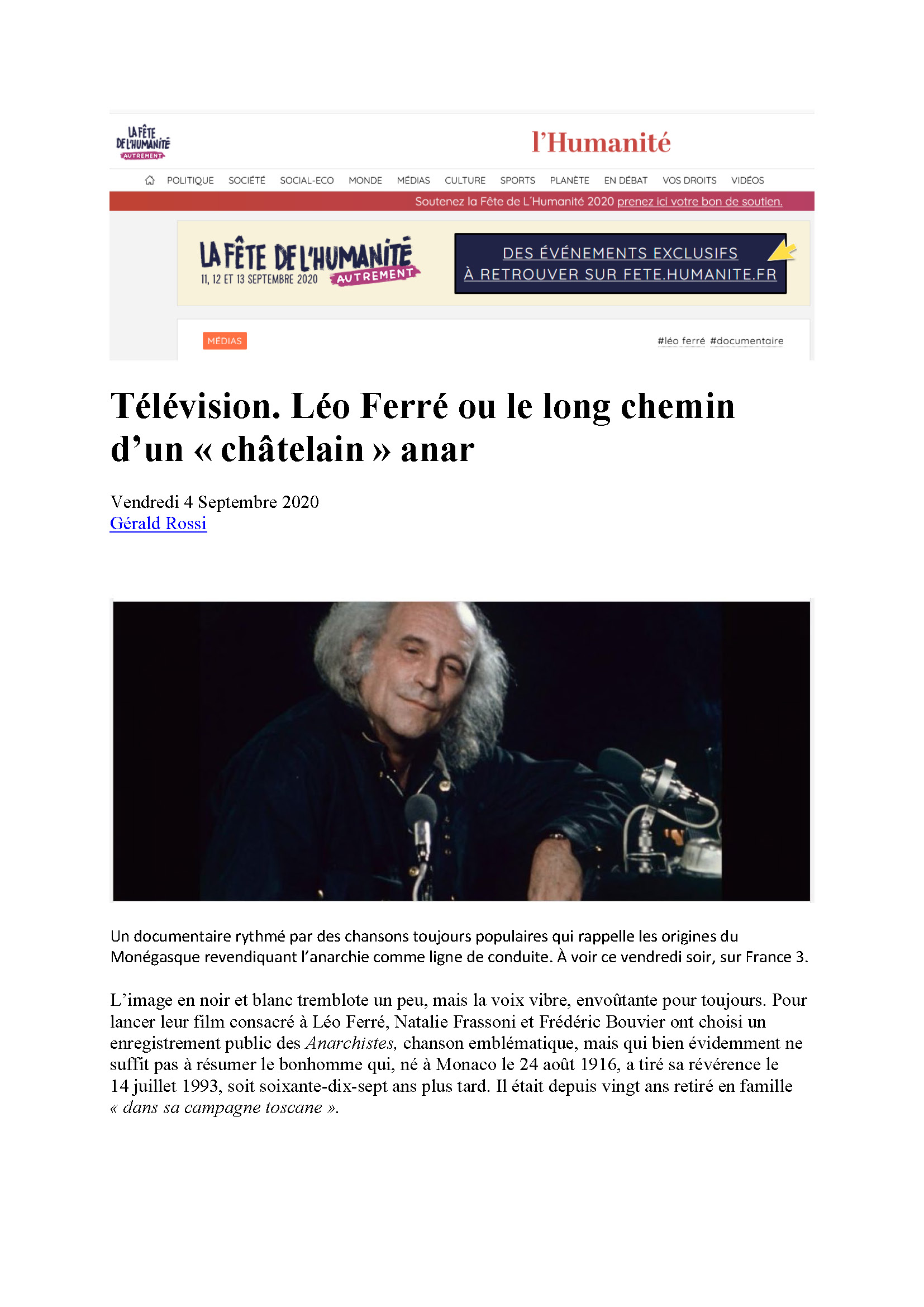 03/09/2020 Lhumanité Léo Ferré ou Le long chemin    