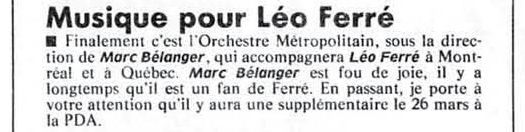 Léo Ferré - La Presse, 12 mars 1986, D. Arts et spectacles