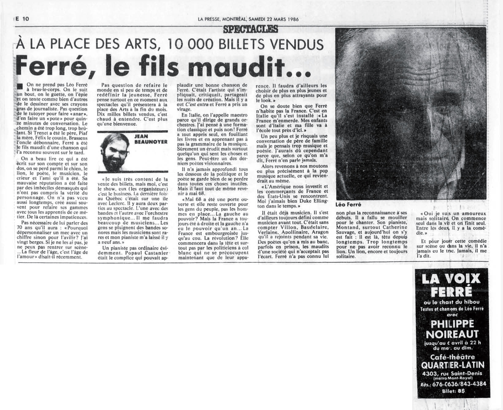 Léo Ferré - La Presse, 22 mars 1986, E. Arts et spectacles