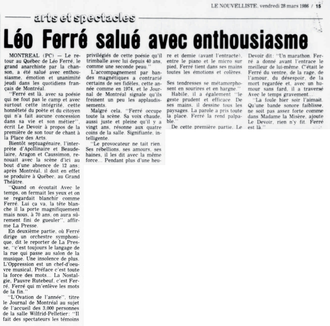 Léo Ferré - Le nouvelliste, 1920-, 28 mars 1986, Cahier 1