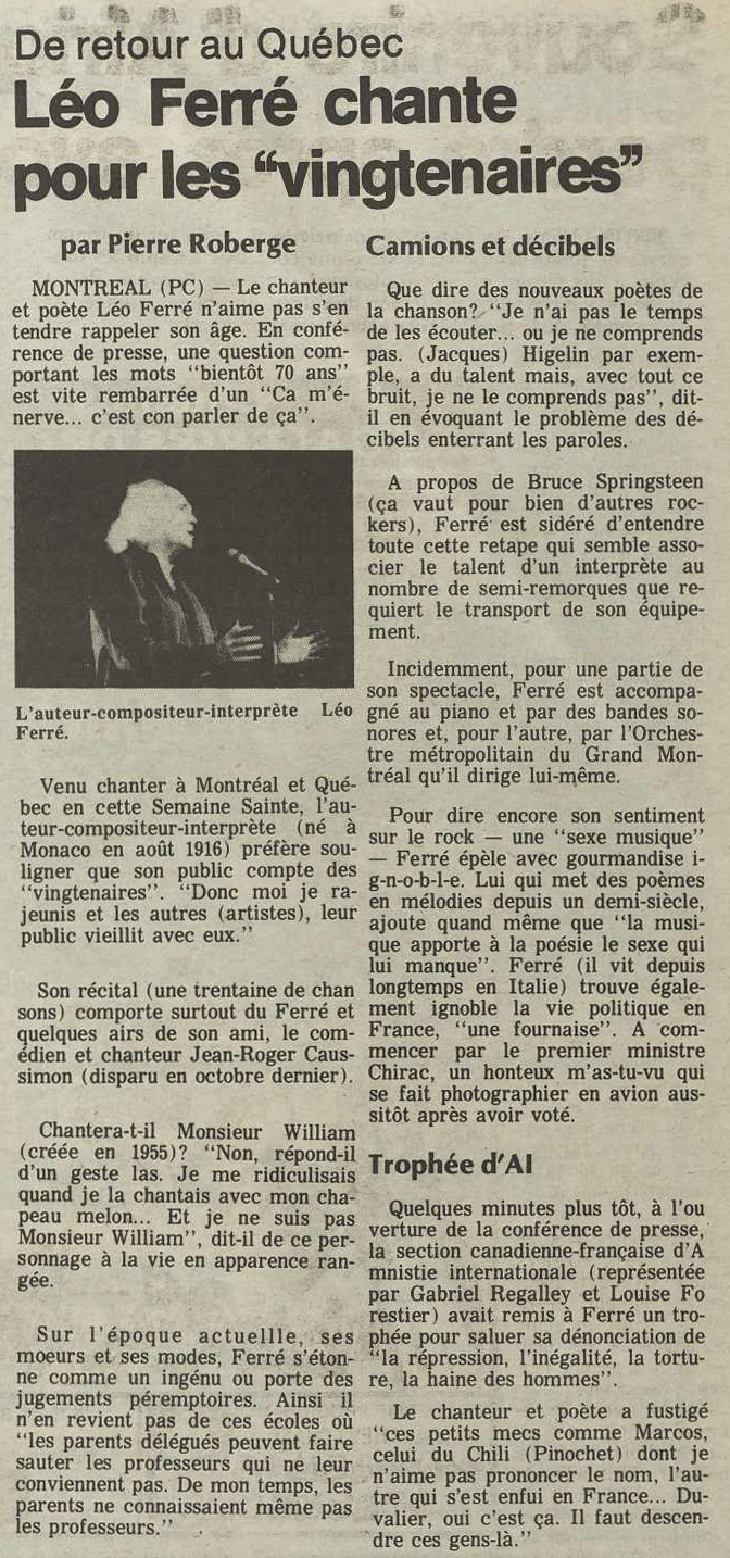 Léo Ferré - La voix de l'Est, 1935- (Granby), samedi 29 mars 1986