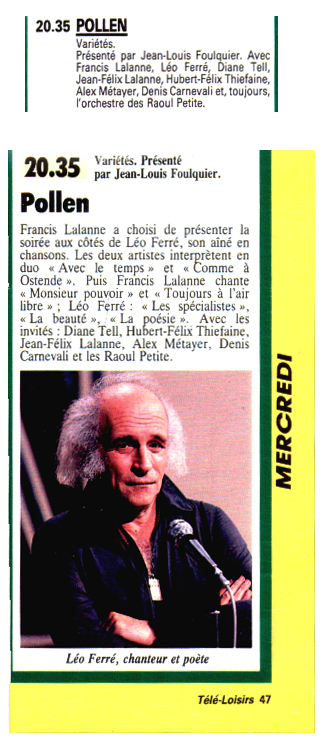 Léo Ferré - Télé Loisirs N°4 du 02/04/1986