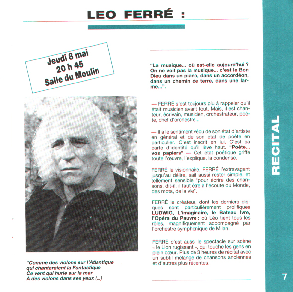 Léo Ferré - Blénod lès Pont à Mousson, programme du 08/05/1986