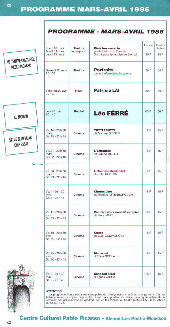 Léo Ferré - Blénod lès Pont à Mousson, programme du 08/05/1986
