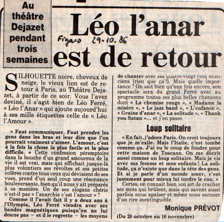 Léo Ferré - Le Figaro du 29/10/1986