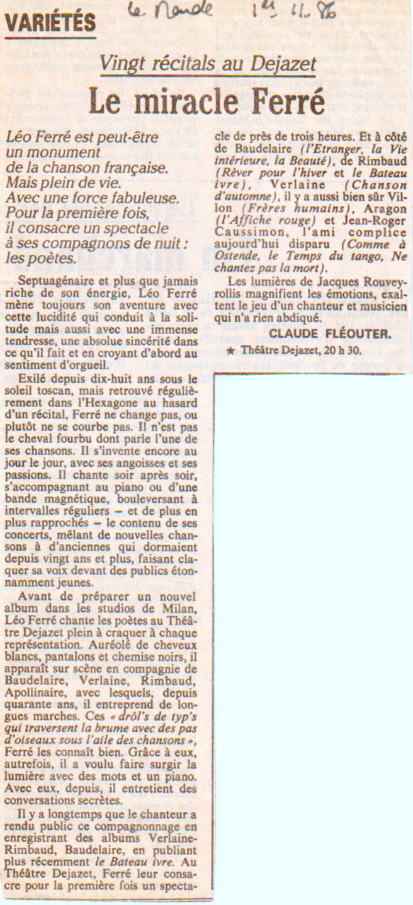 Léo Ferré - Le Monde du 01/11/1986