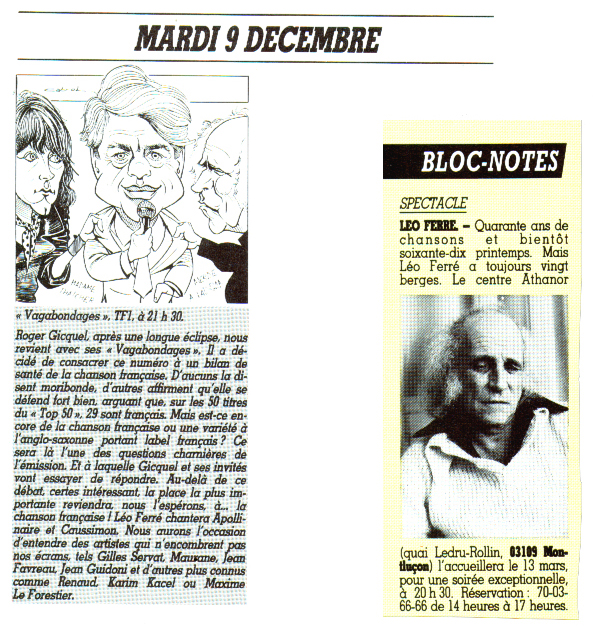 Léo Ferré - La vie ouvrière N°2206, mensuel de Décembre 1986