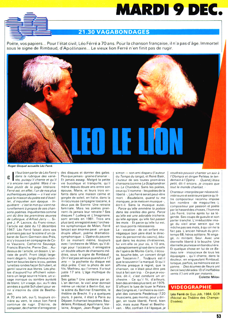 Léo Ferré - Télé K7 N°169 du 09/12/1986