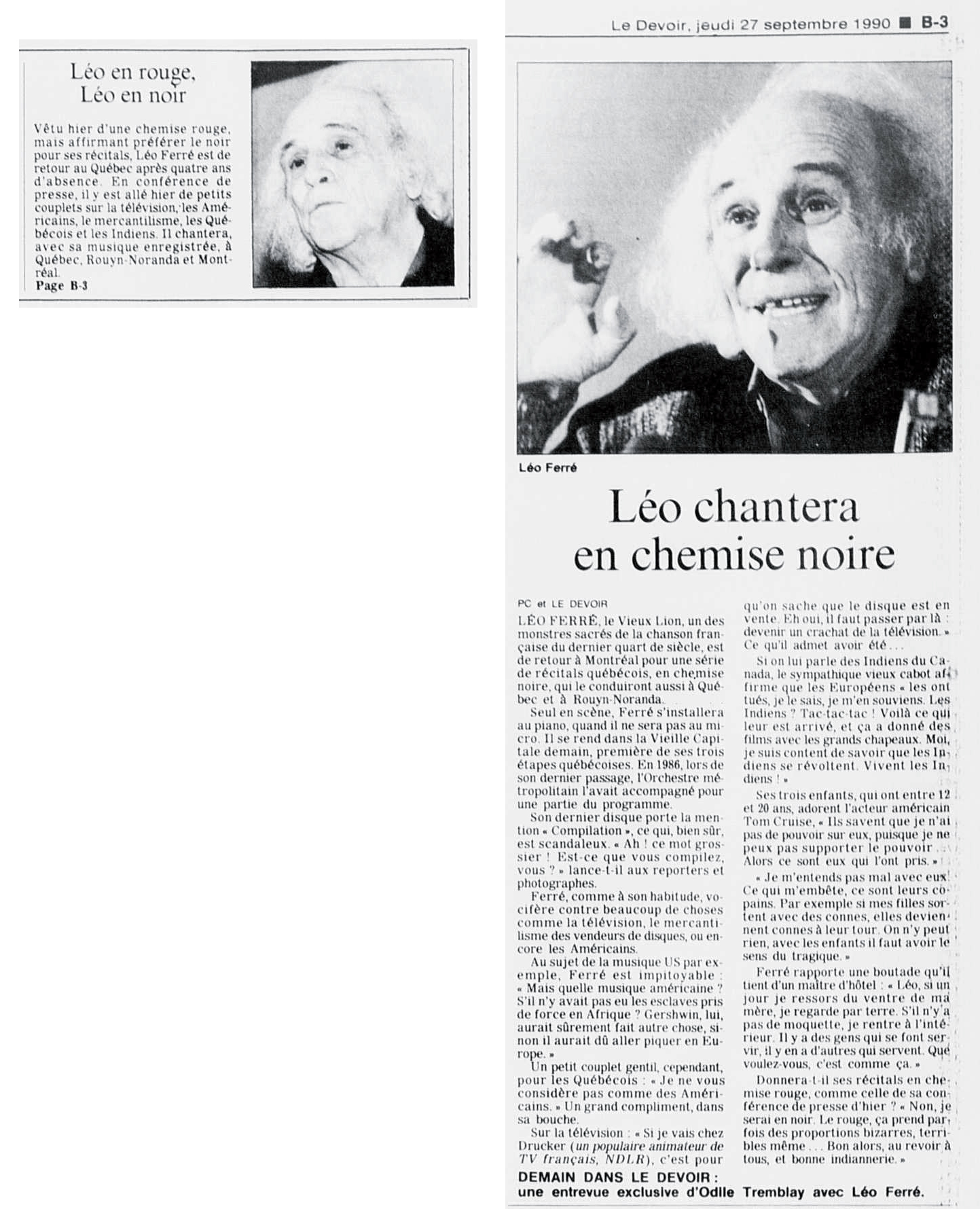 Léo Ferré - Le devoir, 1910- (Montréal), 27 septembre 1990, Cahier B