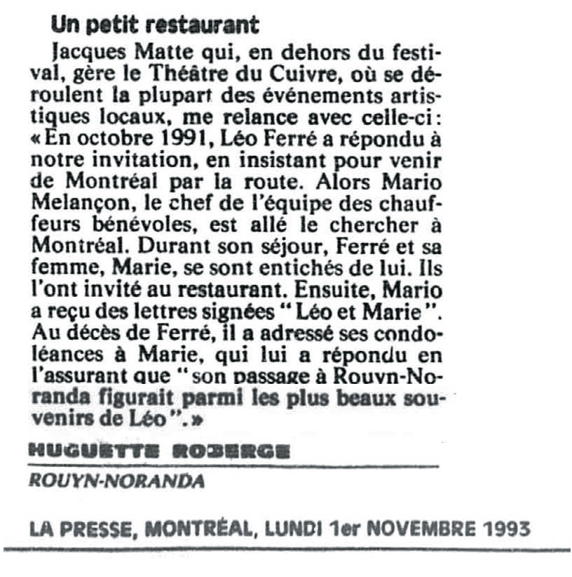 Léo Ferré - La Presse, 1 novembre 1993, B. Informations nationales
