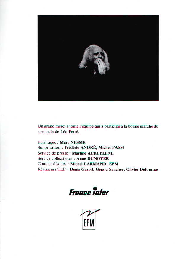 Léo Ferré - Programme TLP-Déjazet (Paris) du 2 au 25 novembre 1990