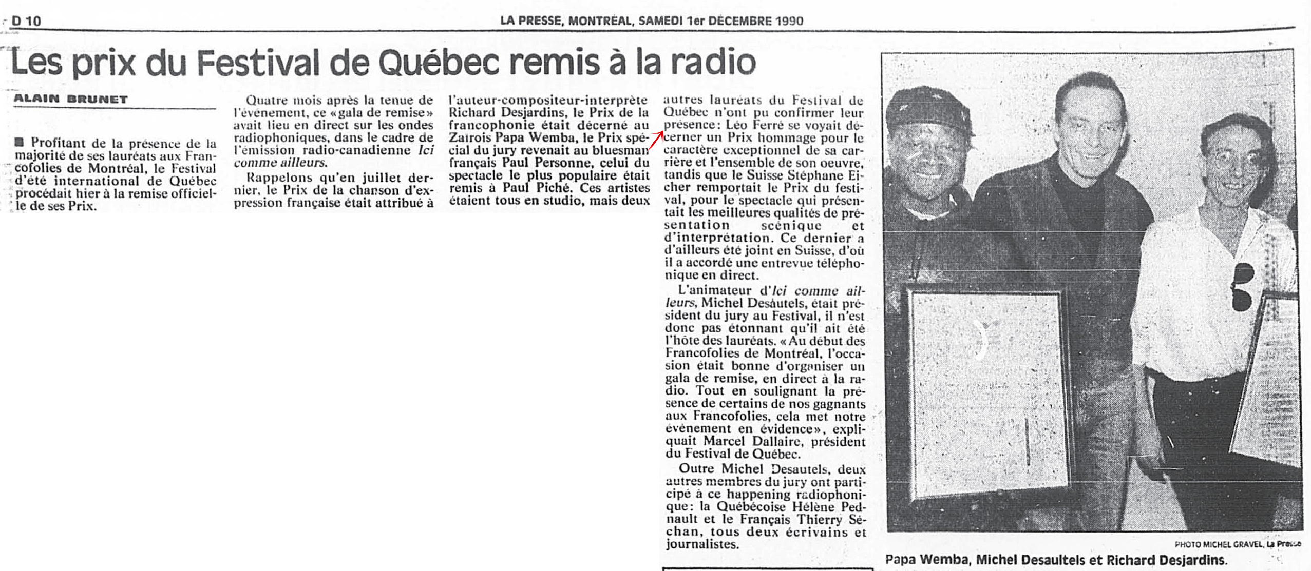 Léo Ferré - La Presse, 1 décembre 1990, D. Arts et spectacles