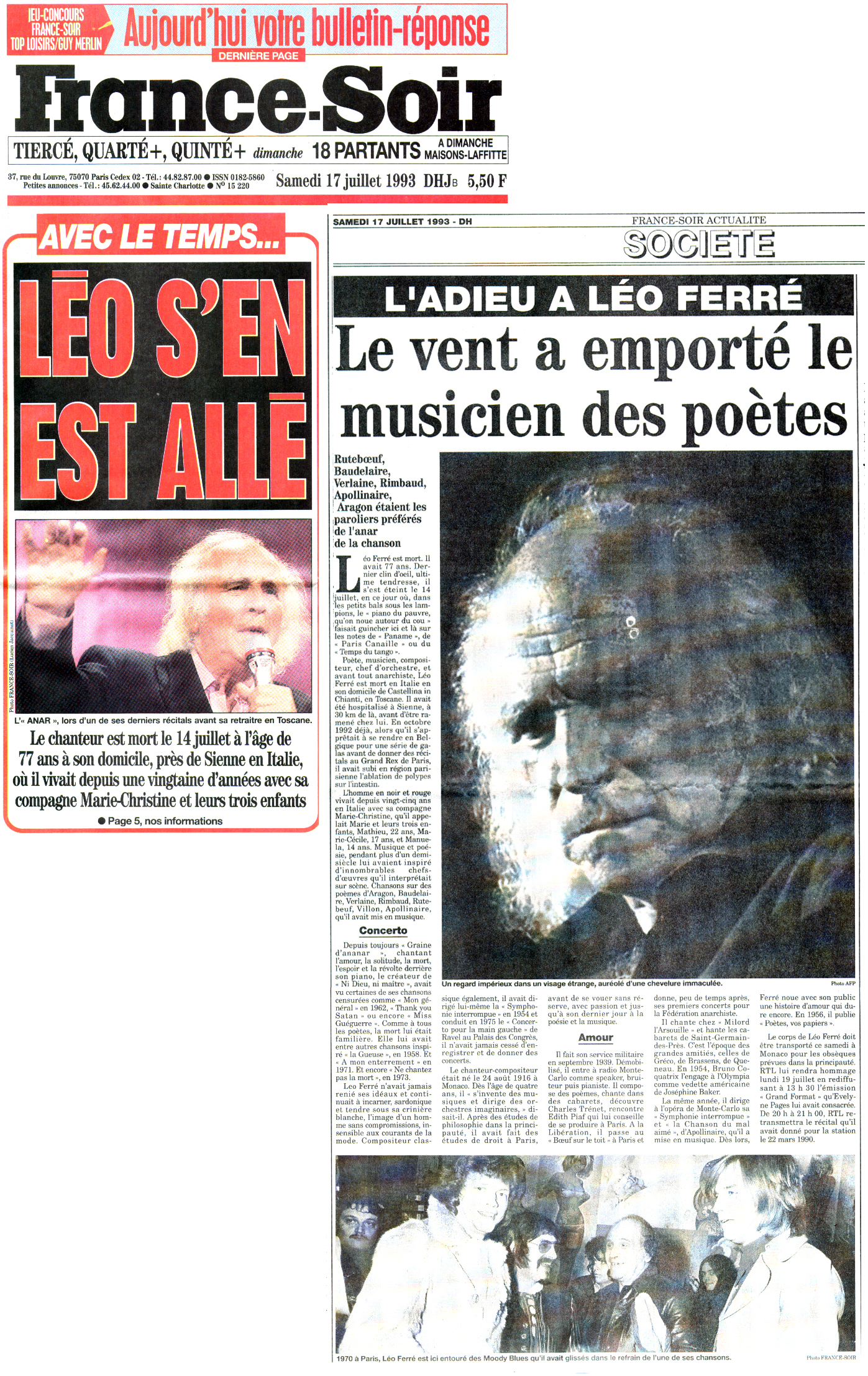 Léo Ferré - France Soir N°15 220 du 17/07/1993