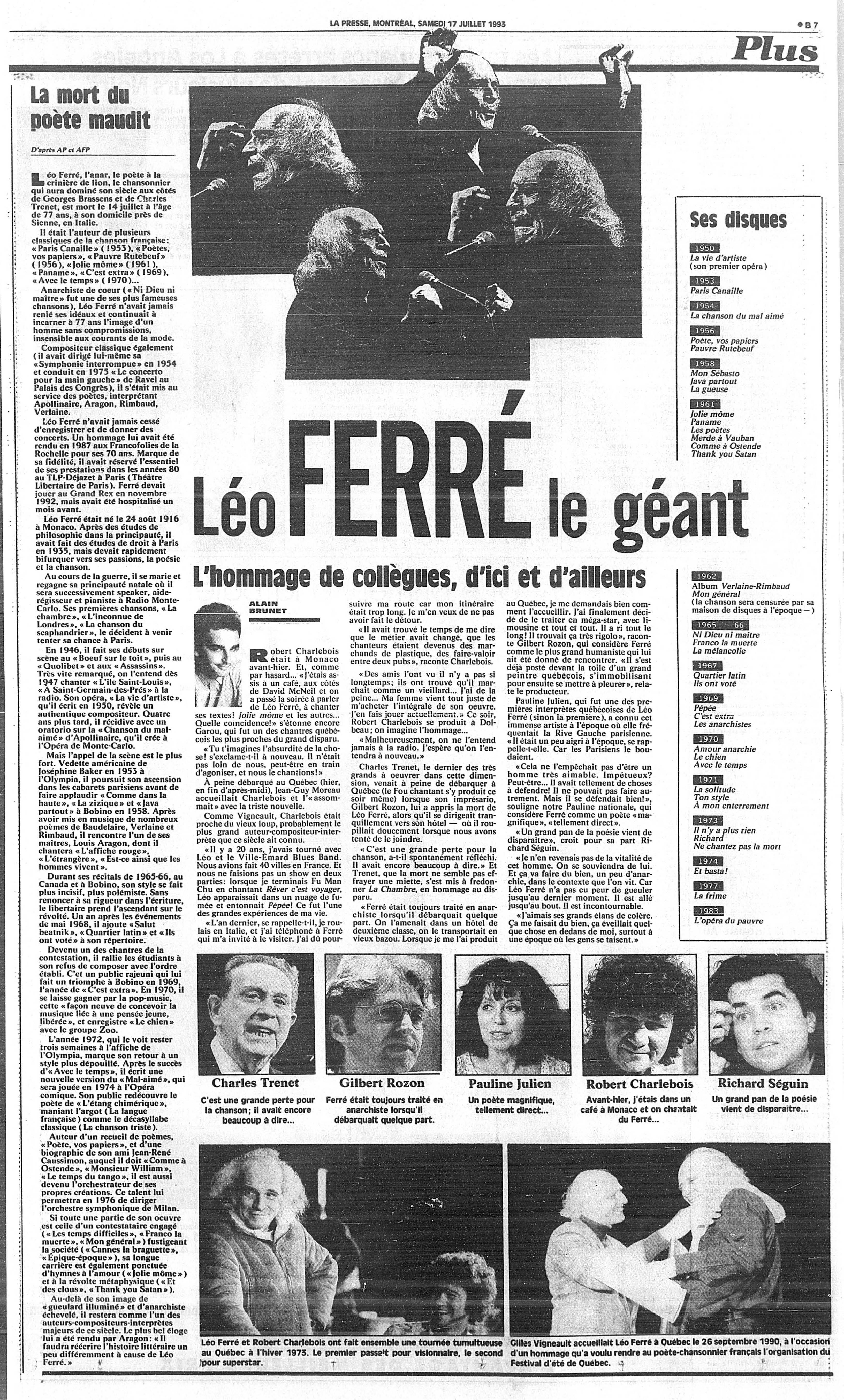Léo Ferré - La Presse, 17 juillet 1993, B. La Presse Plus