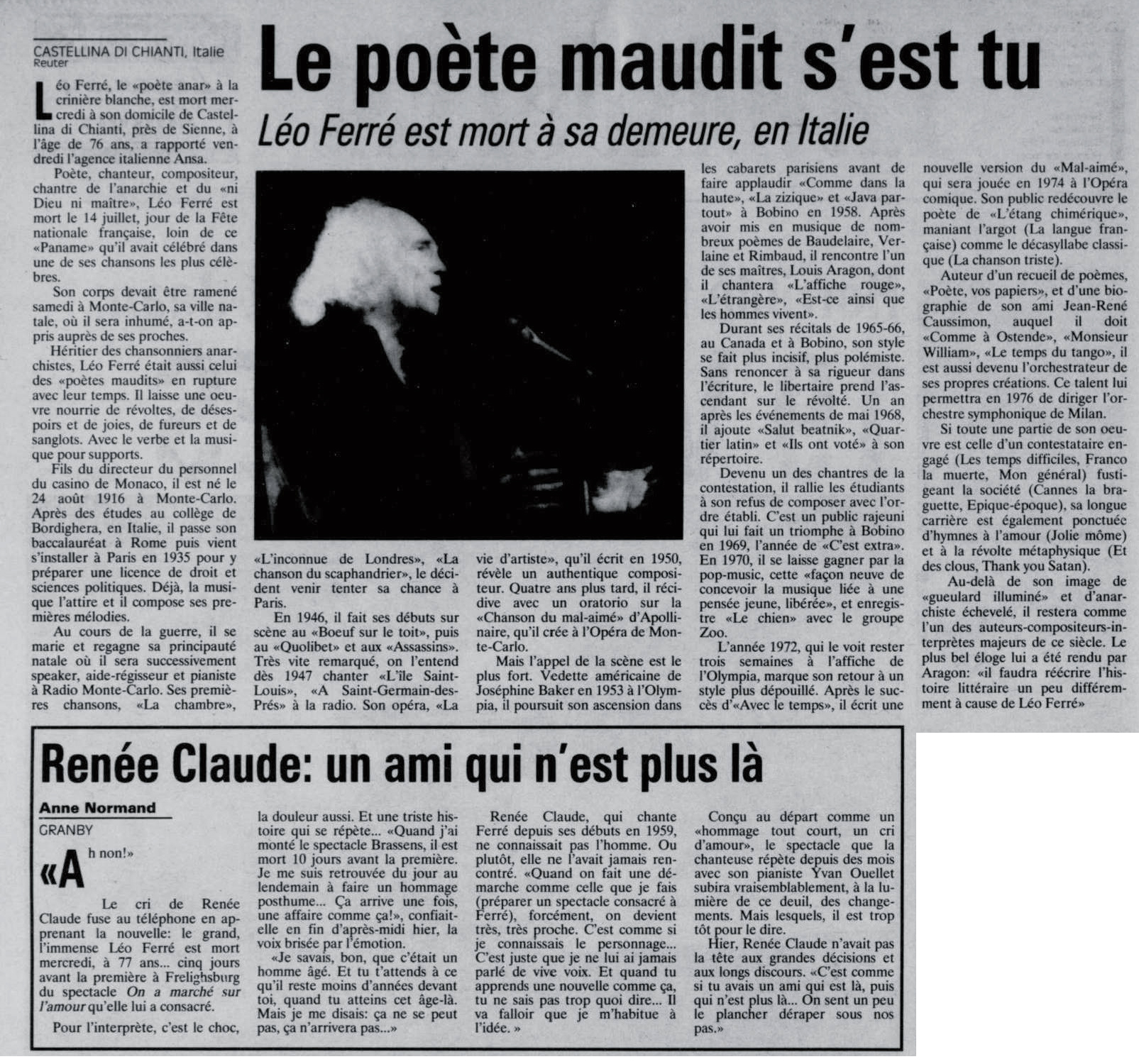 Léo Ferré - La voix de l'Est, 1935- (Granby), samedi 17 juillet 1993