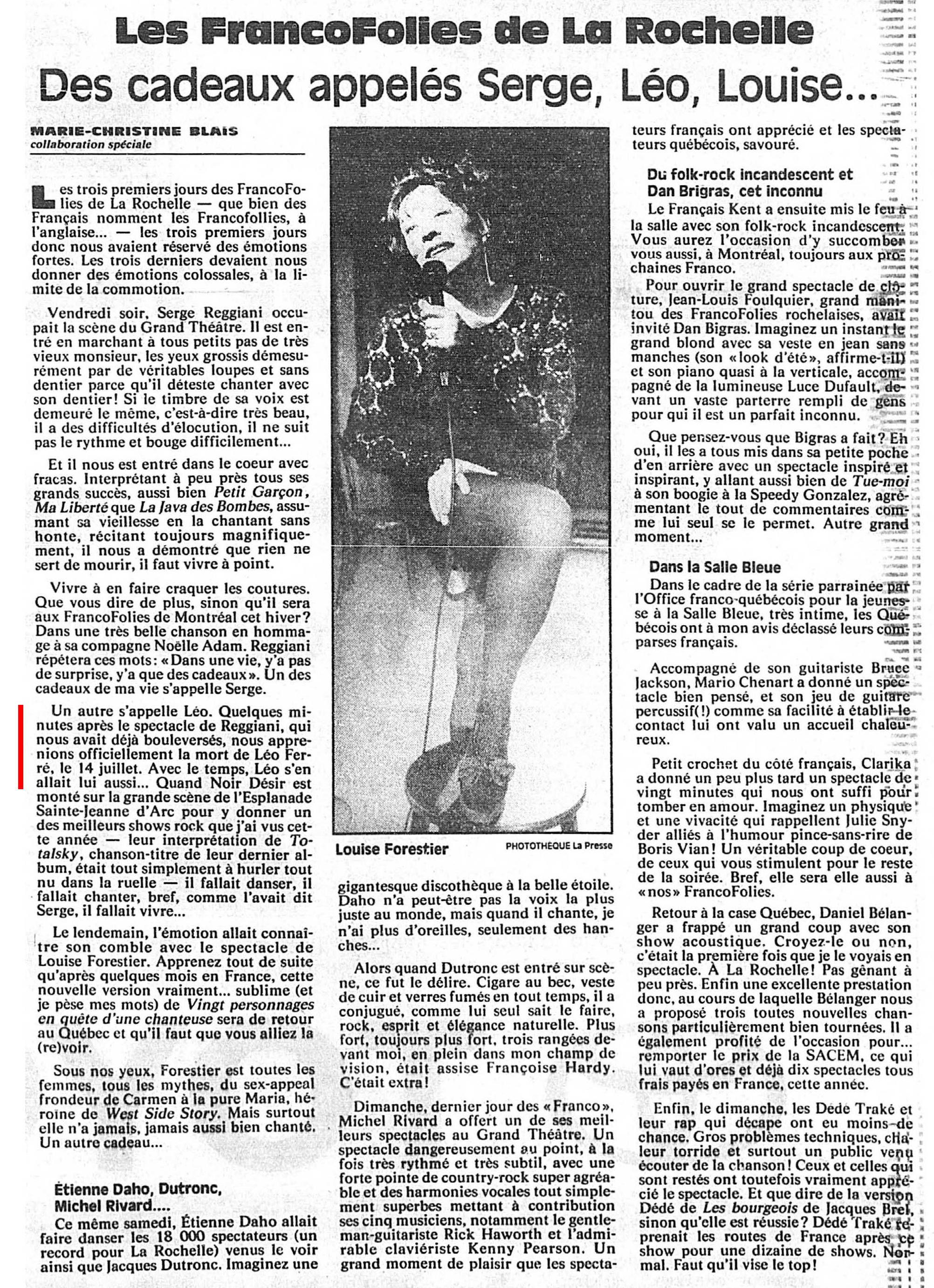 Léo Ferré - La Presse, 20 juillet 1993, Cahier A