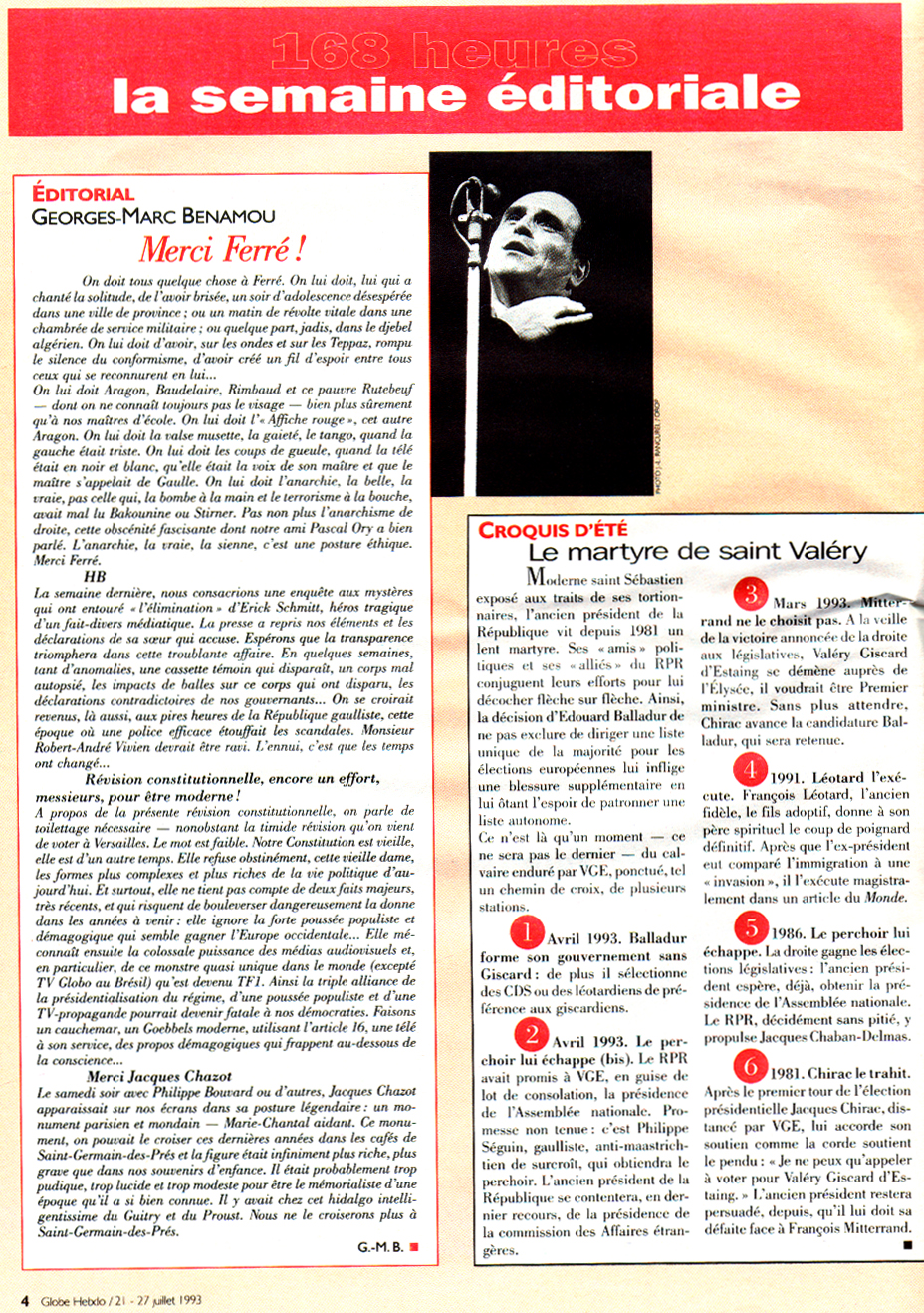 Léo Ferré - Globe Hebdo N°24 du 21 au 27/07/1993