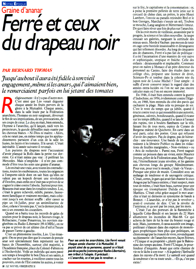 Léo Ferré - Le Nouvel Observateur N°1498 du 22 au 28/07/1993