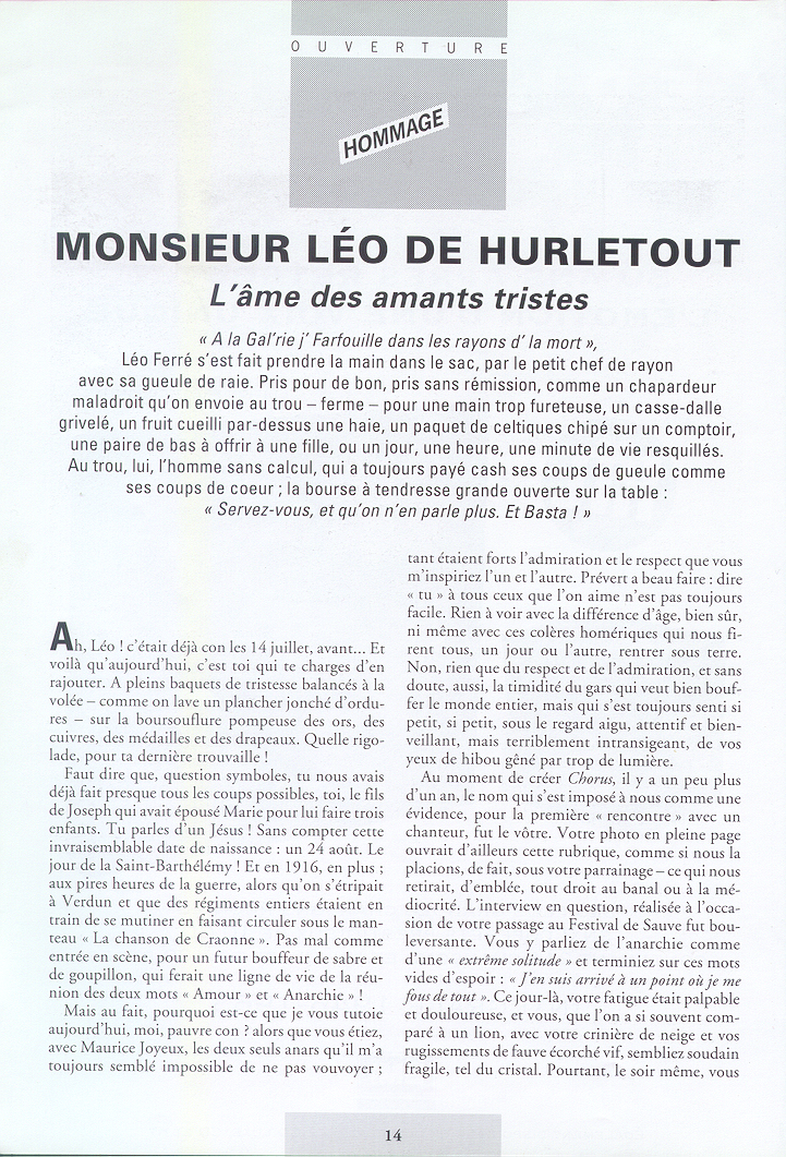 Léo Ferré - Chorus N°5, mensuel de Septembre 1993