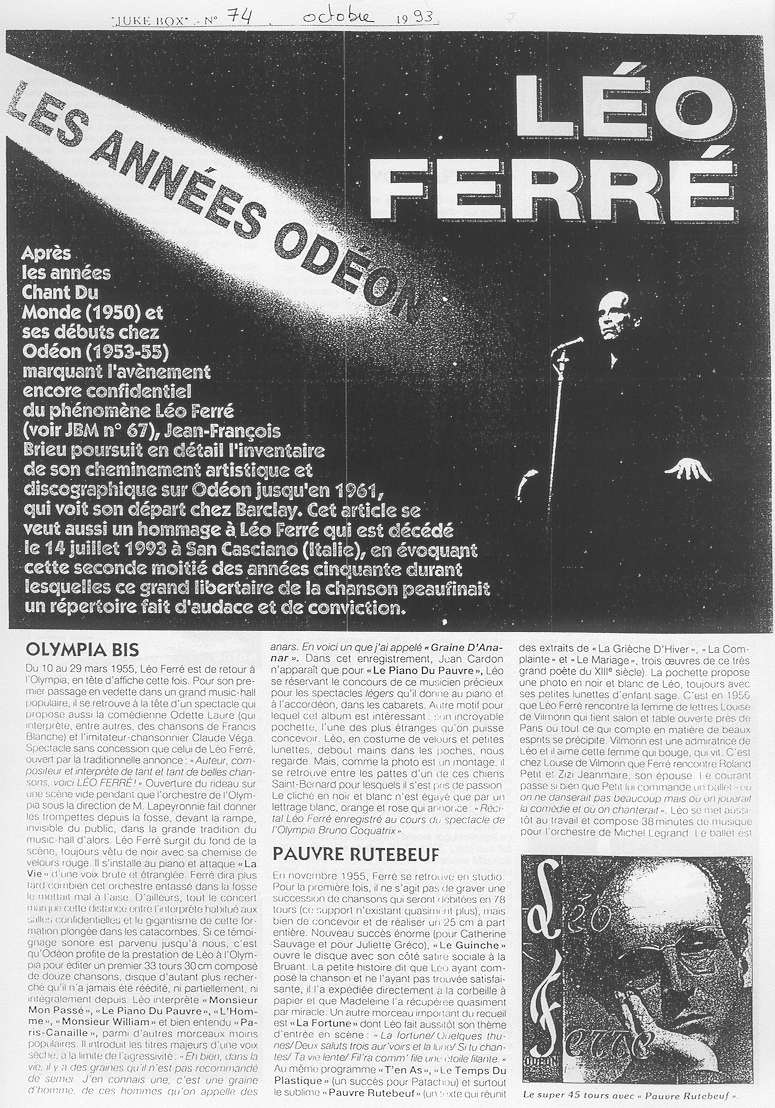 Léo Ferré - Juke Box N°74, mensuel d'octobre 1993