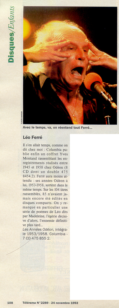 Léo Ferré - Télérama N°2289 du 27/11 au 03/12/1993